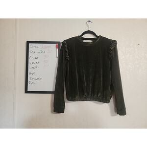 Cotton Emporium Top L Green Velvet Touch Ribbed Ruffle Sleeve Made In USA